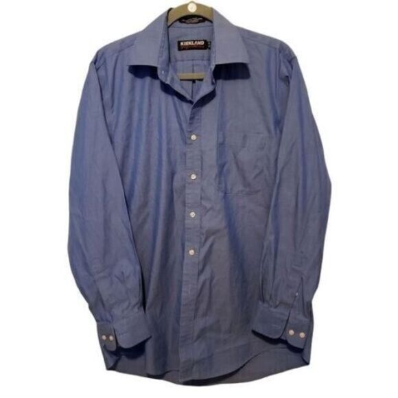 Kirkland Mens Sz 15.5/33 Blue  Solid Long Sleeve Button Down Dress Shirt - Picture 6 of 9